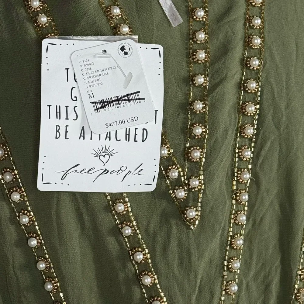 Free People JEN'S PIRATE BOOTY Olive Green Beaded V-Neck Mini Dress - Picture 9 of 11